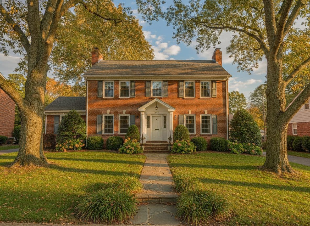 A brick single-family home on a tree-lined street